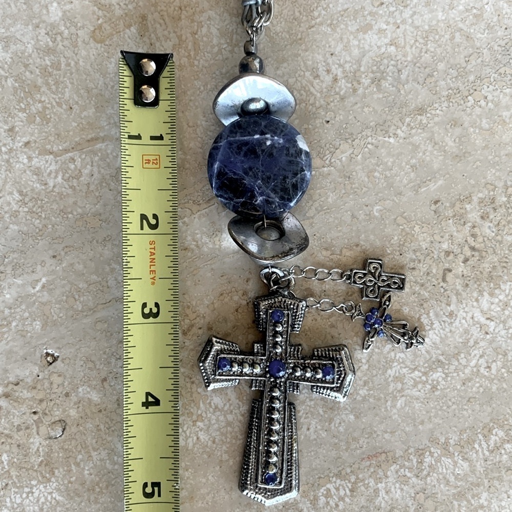 SILVER CROSS artisan Necklace, blue/silver beads, chain/long leather cord. EUC - Picture 8 of 12
